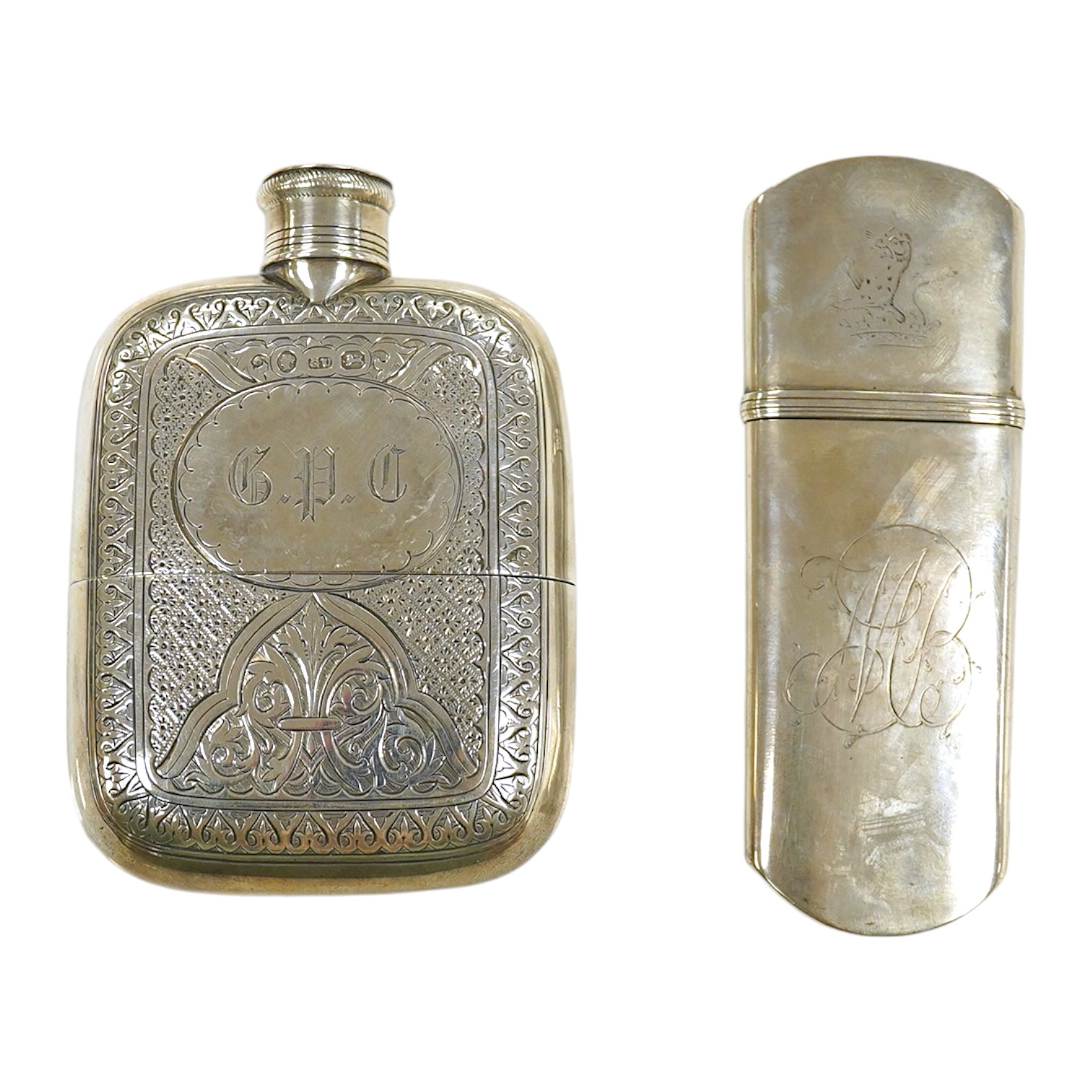 A Victorian silver pocket flask with cup base, maker George Unite, Birmingham 1865, gross 5 oz, and an unmarked Victorian white metal spectacles case. Condition - good